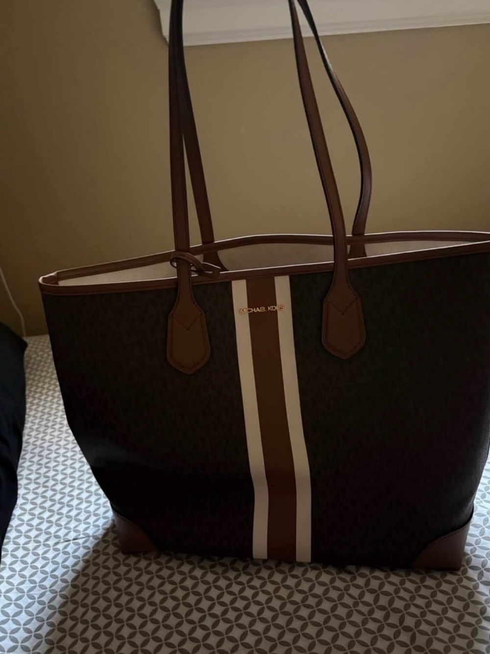 Michael Kors Brown Tote with Cream Center Stripe